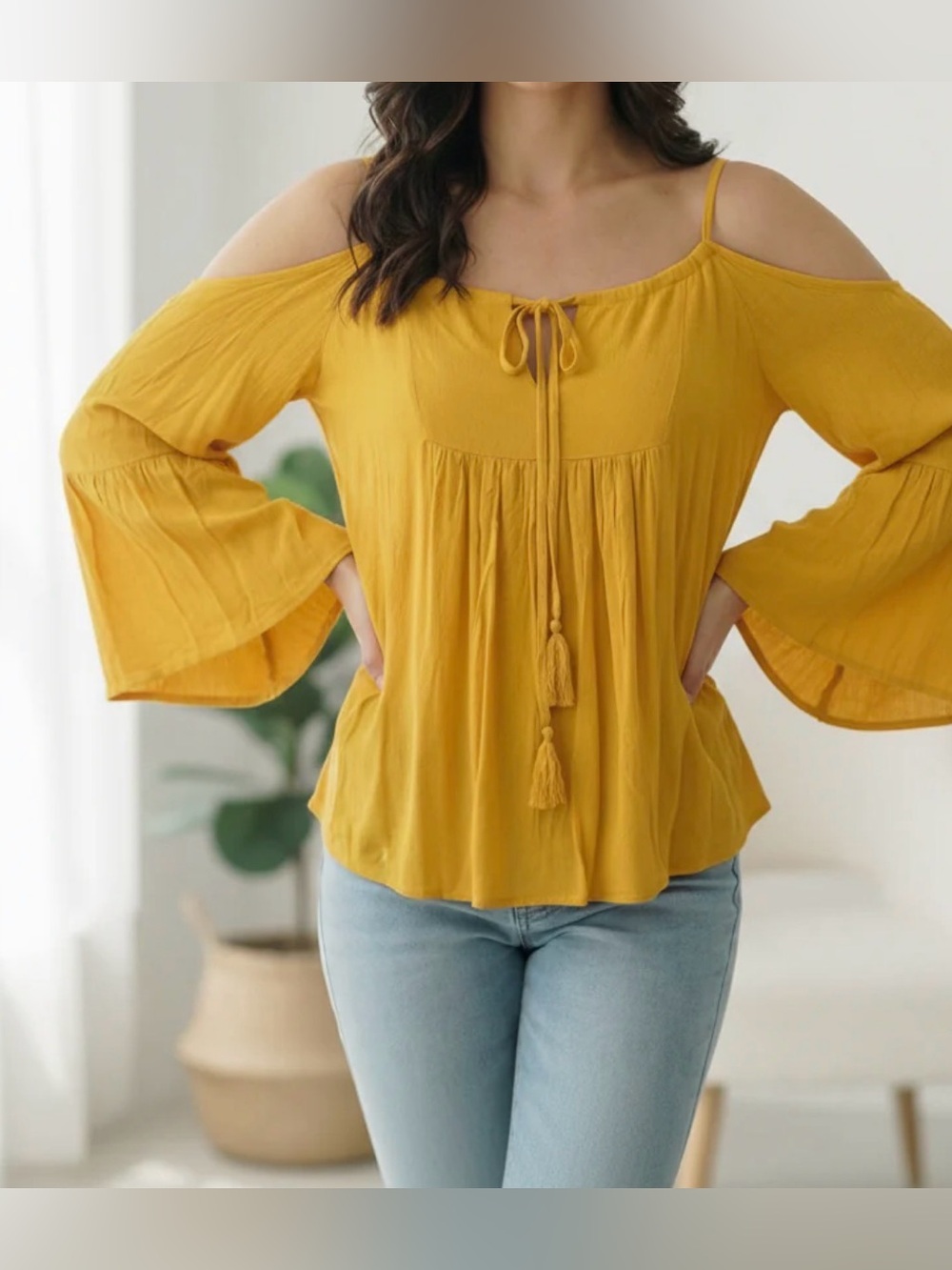 Andthewhy Boho Cold-Shoulder Mustard Top with Tassel